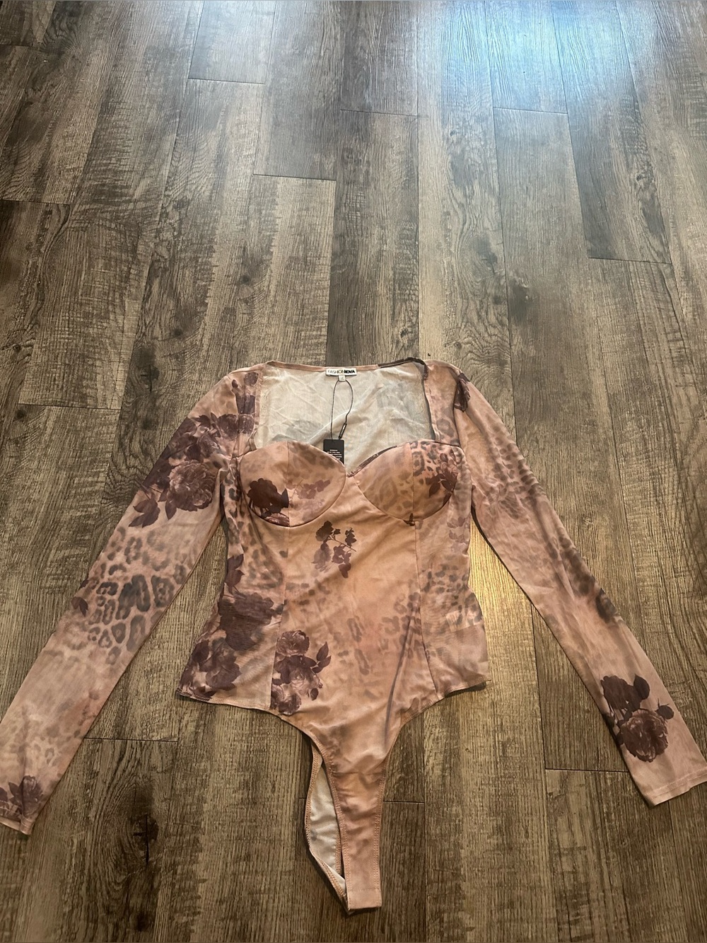 Fashion Nova Brown Floral & Animal-Print Long Sleeve Bodysuit